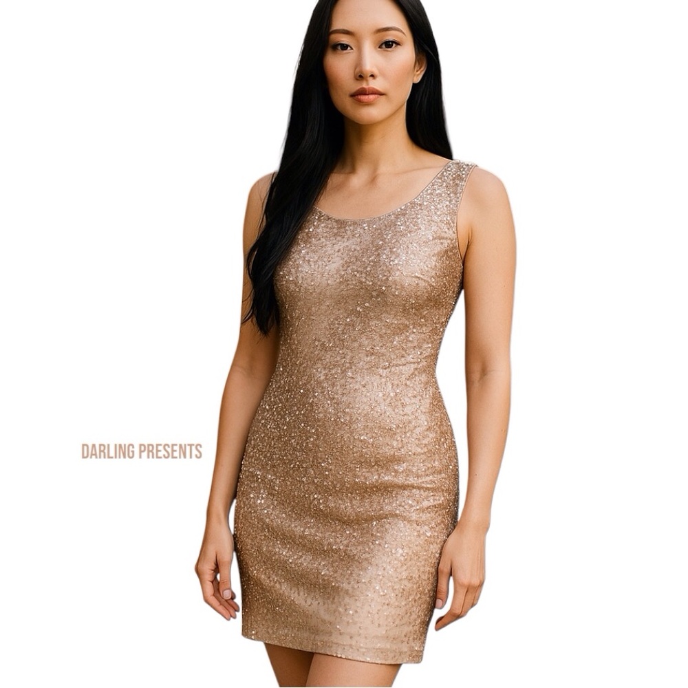 Basix Black Label Hand Beaded Sequin Dress Women Color Champagne Size 0/XS